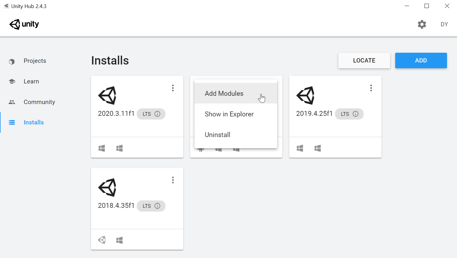Option de prise en charge des builds Windows Unity