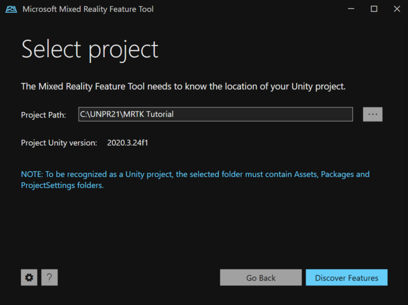 Capture d’écran de l’écran Mixed Reality feature Tool Project Path.