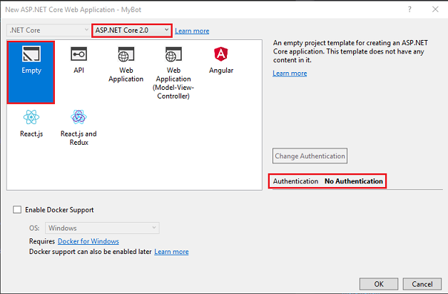 Capture d’écran montrant la fenêtre New A S P P dot N E T Core Web Application.