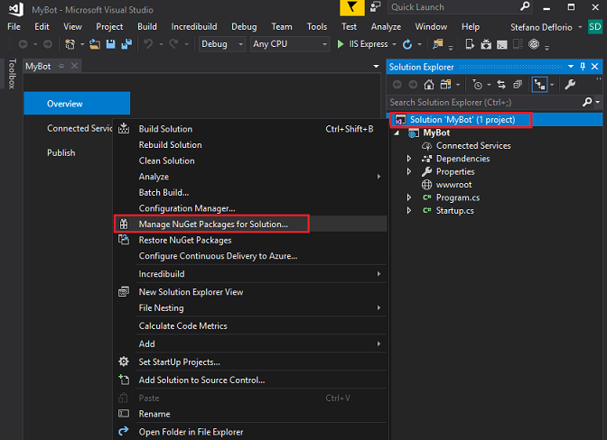 Capture d’écran montrant la solution ouverte avec « MyBot » et « Gérer les packages NuGet pour la solution » mis en évidence.