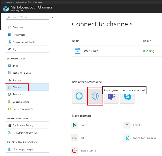 Capture d’écran montrant l’option Configurer Direct Line canal mise en évidence dans MyHoloLensBot.