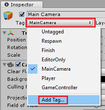 Capture d’écran du menu déroulant Étiquette principale de l’appareil photo dans le panneau Inspector avec « Ajouter une balise » mis en évidence.