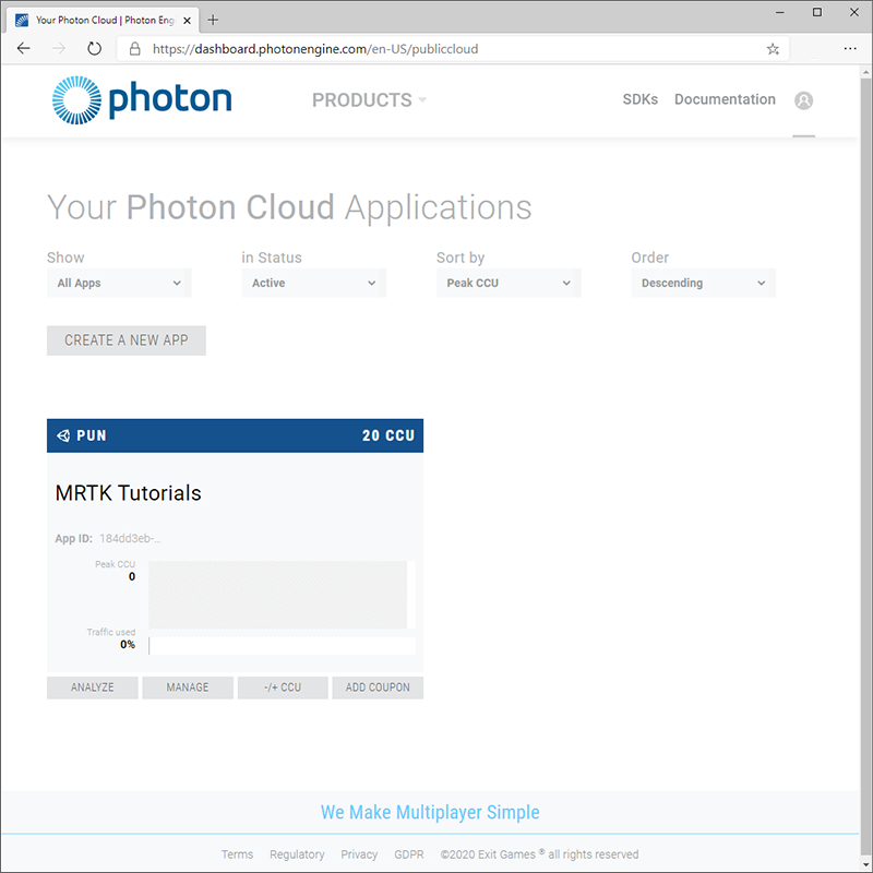 Page de l’application Photon