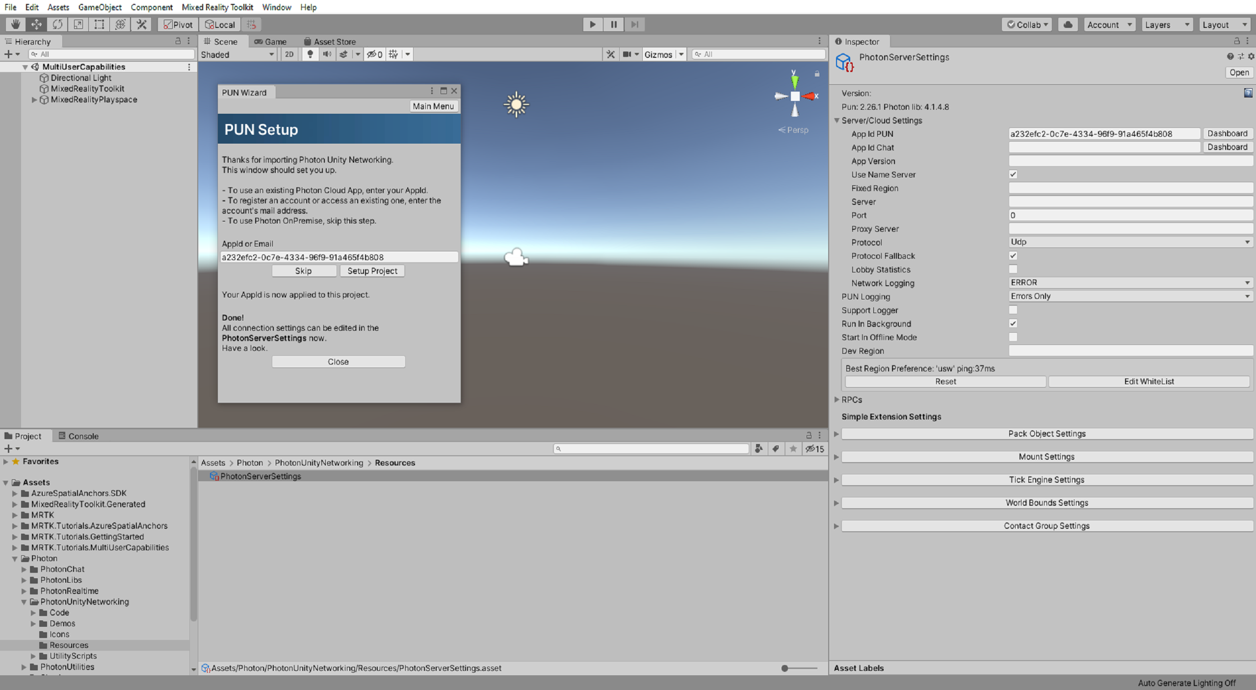 Fenêtre d’installation de puN Unity avec le projet d’installation appliqué