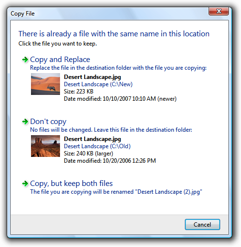 capture d’écran de la boîte de dialogue copier un fichier et des miniatures 