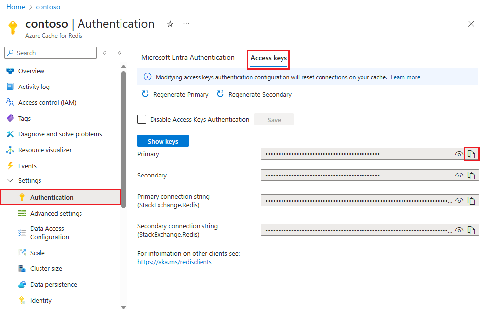 Screenshot che mostra le chiavi di accesso della cache Redis di Azure.