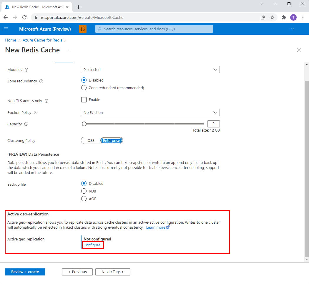 Screenshot della scheda avanzata di creazione di una nuova pagina Cache Redis.