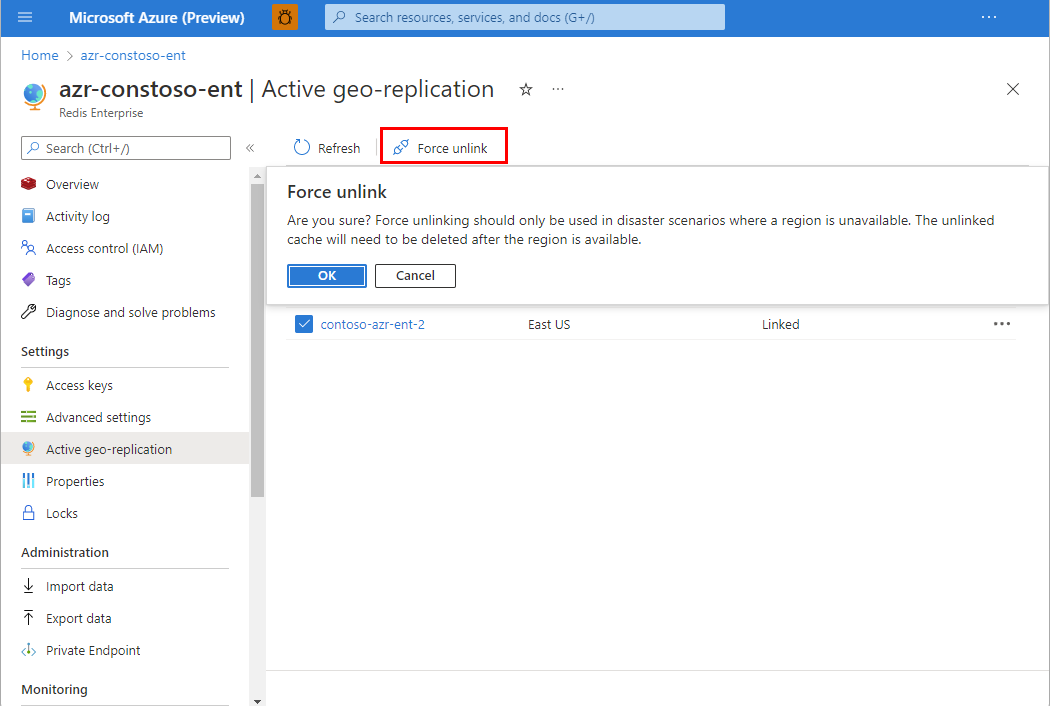 Screenshot dello scollegamento nella replica geografica attiva.