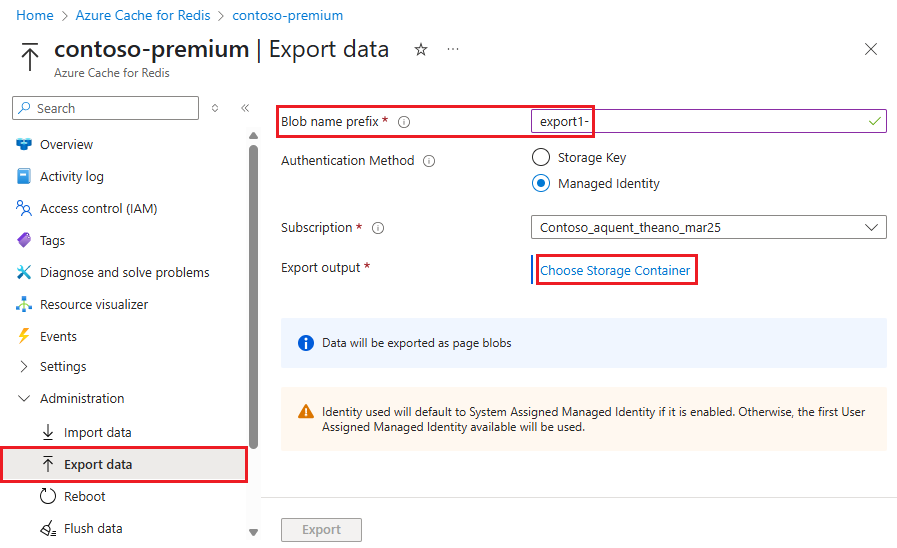 Screenshot che mostra l'opzione Esporta dati e Scegli contenitore di archiviazione selezionata.