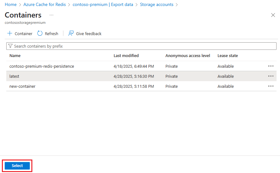 Screenshot che mostra il contenitore di archiviazione selezionato e il pulsante Seleziona.