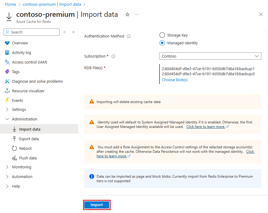 Screenshot che mostra il pulsante Importa da selezionare per avviare l'importazione.
