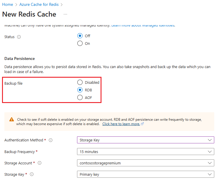 Screenshot che mostra le impostazioni per la persistenza dei dati RDB.