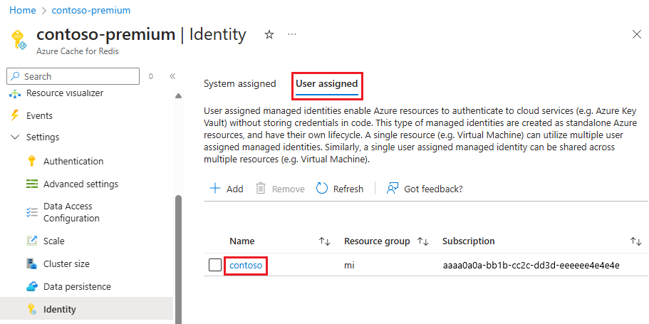 Screenshot che mostra l'identità assegnata dall'utente nella pagina Identità.