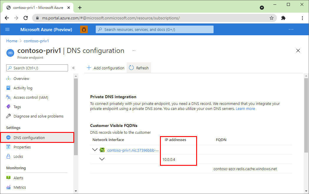 Nel portale di Azure, le impostazioni D N S dell'endpoint privato.