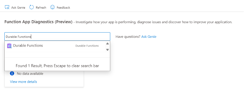 Screenshot che mostra come cercare il detector di Durable Functions.