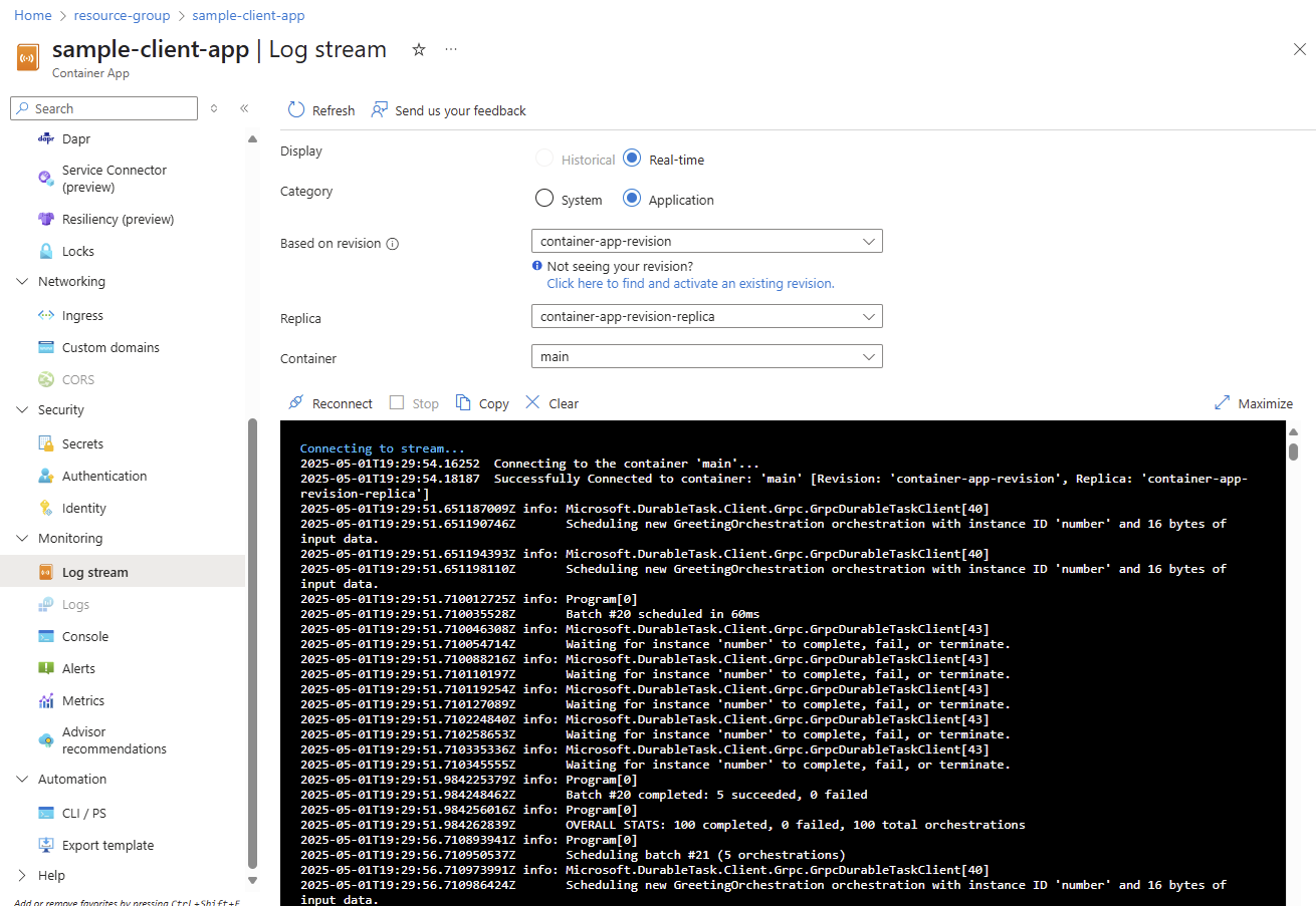 Screenshot del flusso di log del contenitore client nel portale di Azure.