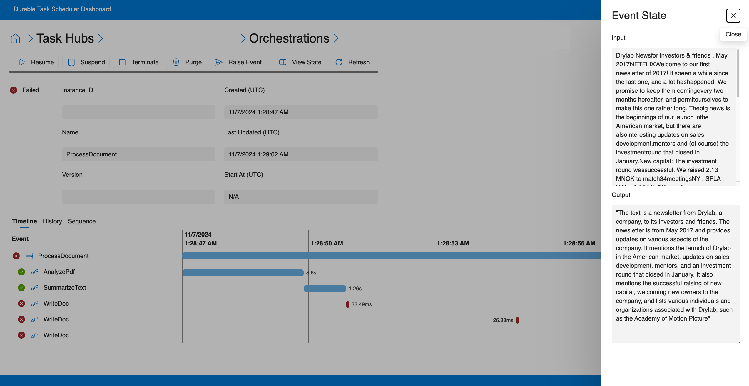 Screenshot del dashboard che mostra gli input e gli output dell'attività.