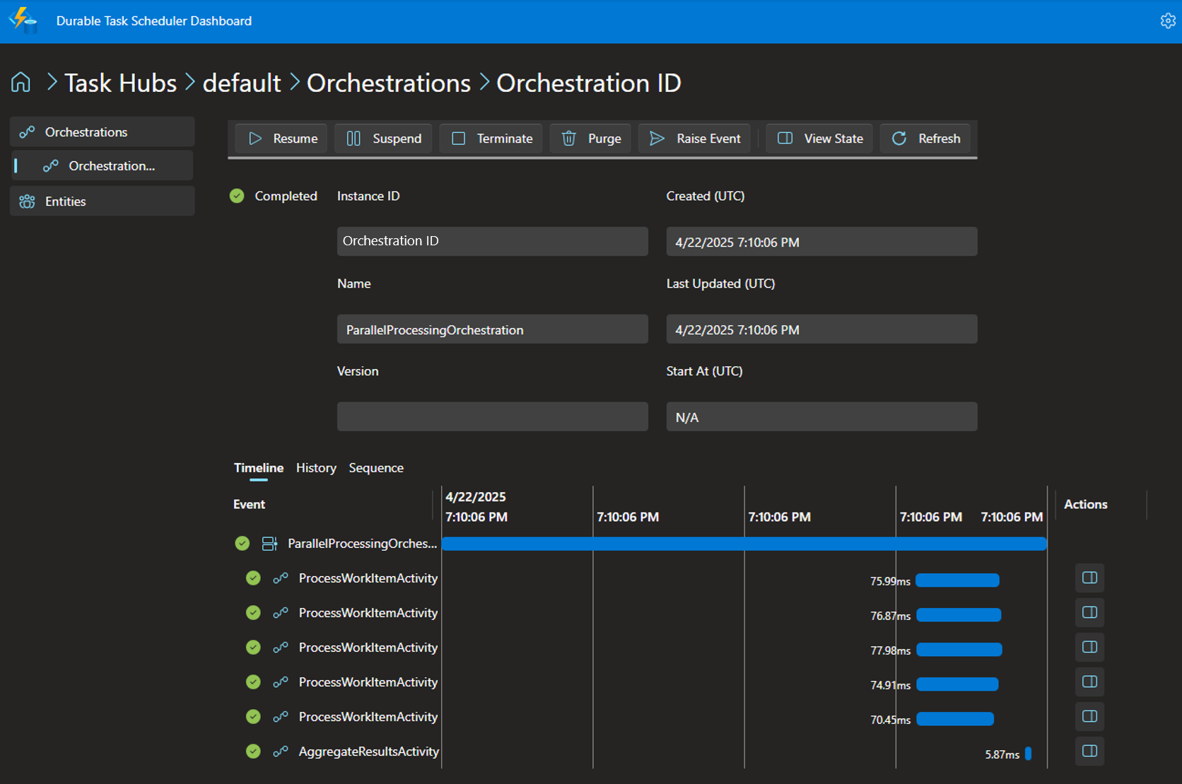 Screenshot che mostra i dettagli dell'istanza di orchestrazione per l'.NET sample.