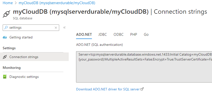 Screenshot che mostra la stringa di connessione del database.