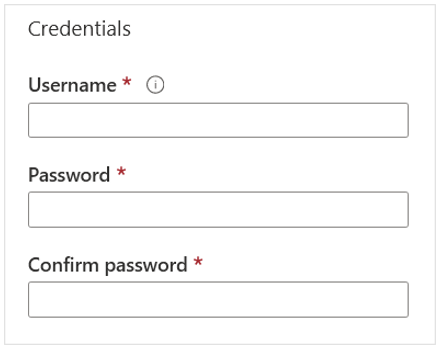 Screenshot che mostra i campi delle credenziali di Active Directory, con nome utente, password e campo conferma password.