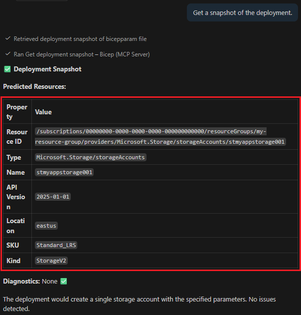 Screenshot dello snapshot di distribuzione del server MCP Bicep.