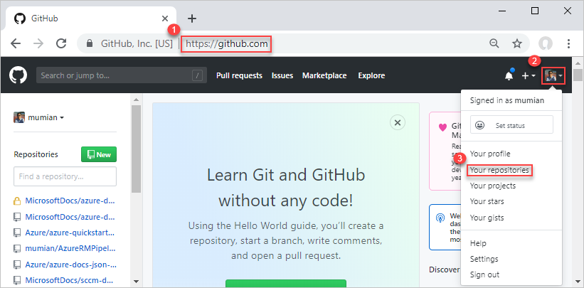 Screenshot della creazione di un repository GitHub per Azure Resource Manager, Azure DevOps, Azure Pipelines.