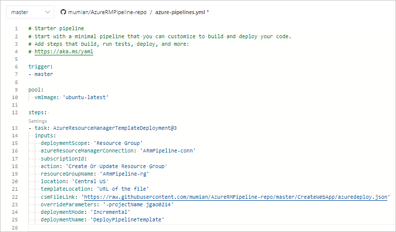 Screenshot della pagina Revisione con la nuova pipeline intitolata Esamina il file YAML della pipeline per Azure DevOps Azure Pipelines.