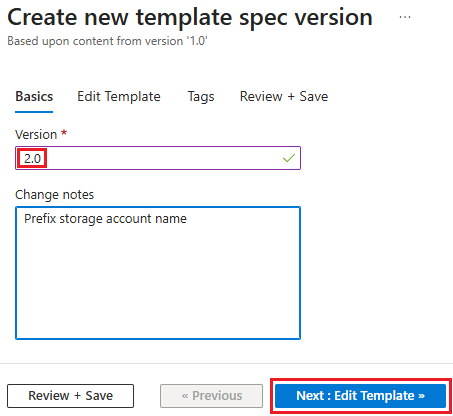 Screenshot della denominazione della nuova versione e selezione del pulsante **Modifica modello**.