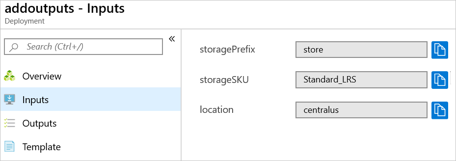 Screenshot del portale di Azure che mostra gli input di distribuzione.