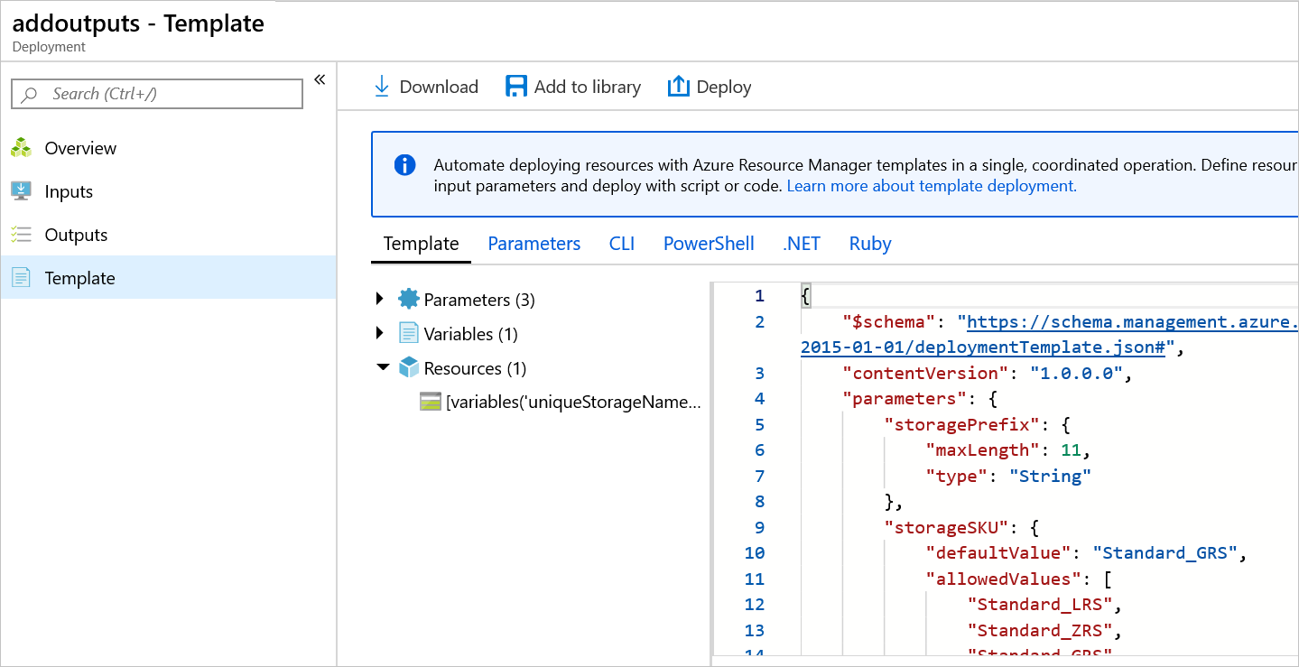 Screenshot del portale di Azure che mostra il modello di distribuzione.