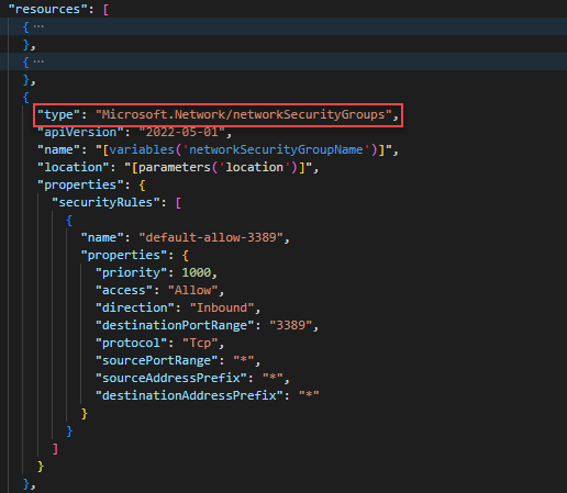 Screenshot di Visual Studio Code che mostra la definizione del gruppo di sicurezza di rete in un modello di Resource Manager.