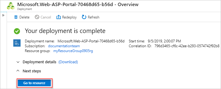 Screenshot del pulsante Vai alla risorsa nel portale di Azure.