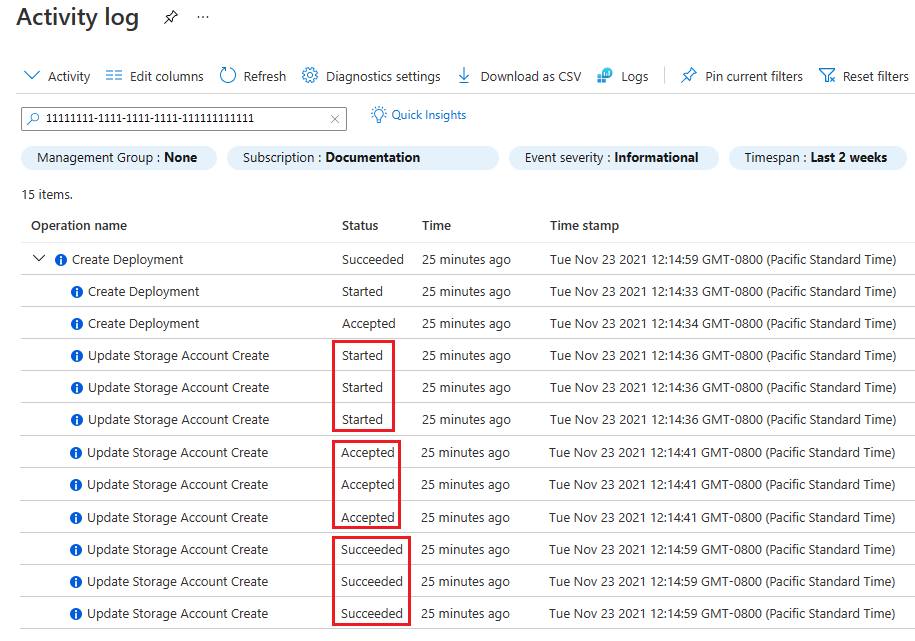 Screenshot del log attività del portale di Azure in cui si vedono tre account di archiviazione distribuiti in parallelo, con le loro marcature temporali e gli stati.