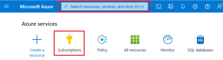 Screenshot del portale di Azure con la casella di ricerca e le sottoscrizioni evidenziate.