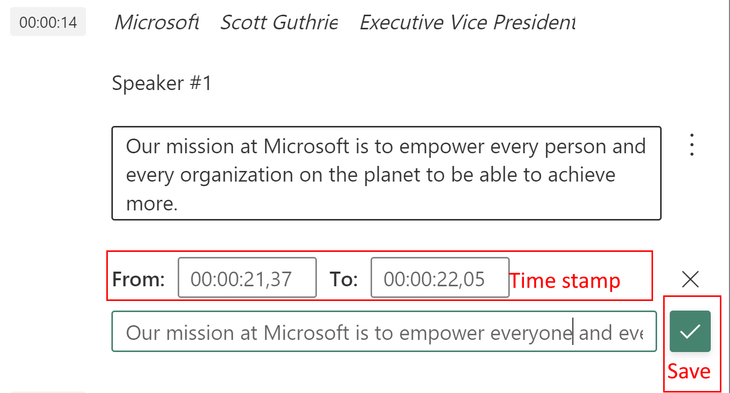 Screenshot di una nuova linea del timestamp di trascrizione.