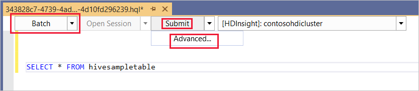 Modalità batch, query Hive ad hoc, cluster HDInsight, Visual Studio.