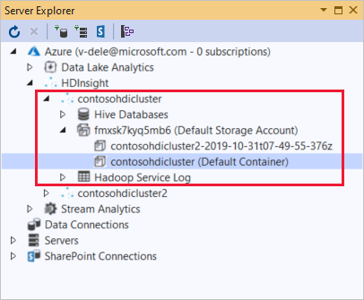 Risorse collegate degli strumenti Data Lake per Visual Studio in Esplora server.