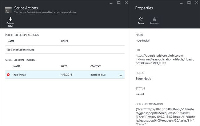  Screenshot dell'errore di azione script delle applicazioni HDInsight.