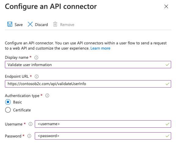 Specifica della configurazione di autenticazione di base per un connettore API.