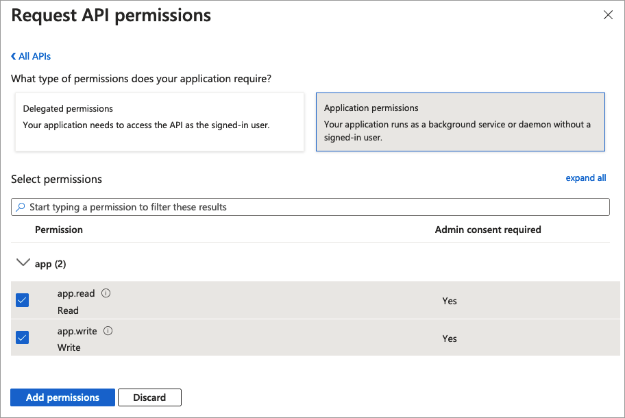 Lo screenshot mostra come concedere all'applicazione le autorizzazioni A P I.