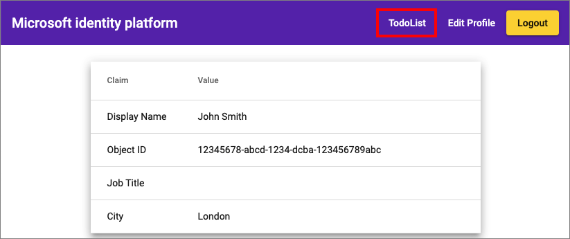 Screenshot che mostra l'app di esempio Angular con il profilo utente e la chiamata all'elenco di to-do.