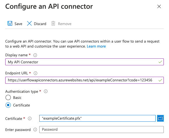 Specifica della configurazione dell'autenticazione del certificato per un connettore API.