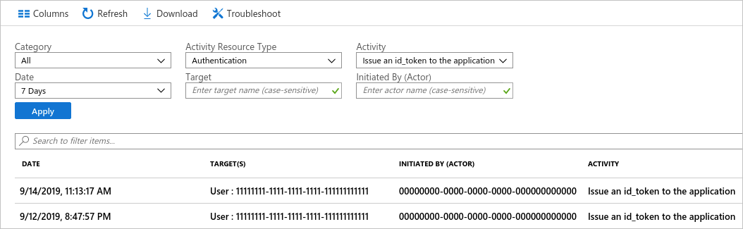Filtro di esempio con due eventi di attività nel portale di Azure