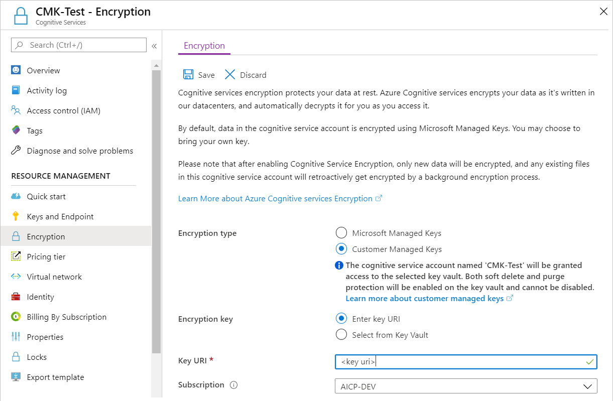 Screenshot della pagina Crittografia per una risorsa Azure OpenAI. L'opzione Inserisci URI della chiave è selezionata e la casella URI della chiave contiene un valore.