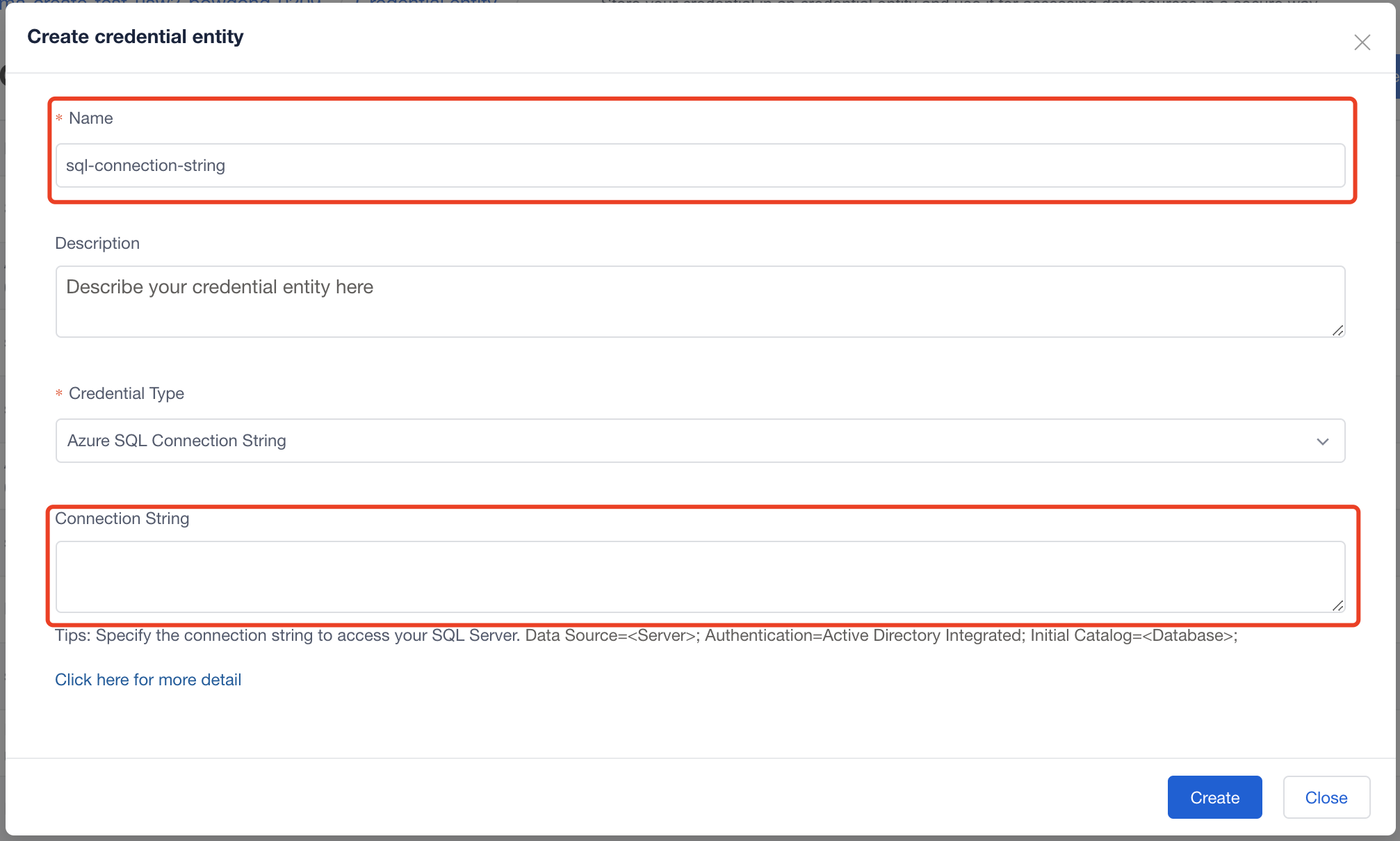 imposta l'entità delle credenziali per la stringa di connessione SQL