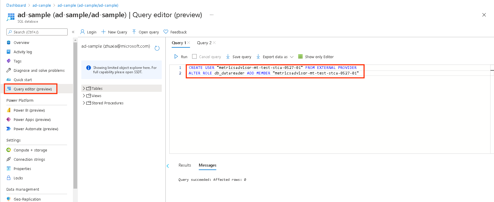 Screenshot che illustra come modificare la query nel portale di Azure.