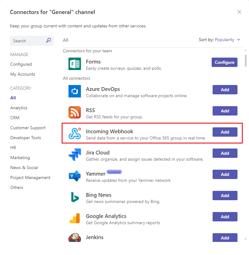 Screenshot per creare un webhook in arrivo