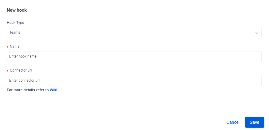 Screenshot per creare un hook in Teams