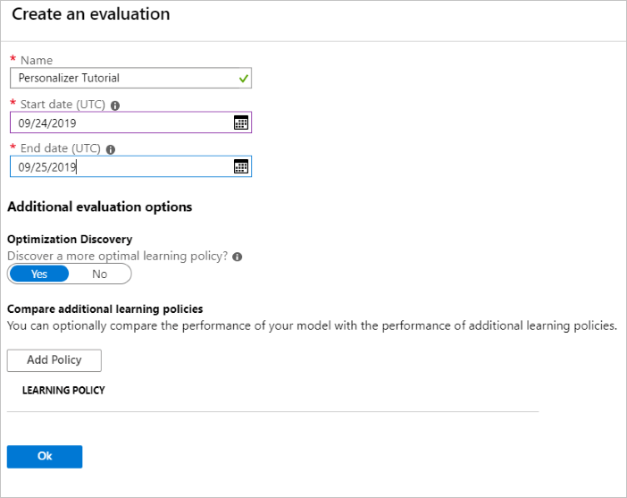 Nel portale di Azure, aprire la pagina Valutazioni della risorsa Personalizer. Selezionare Crea Valutazione. Immettere il nome della valutazione e l'intervallo di date.
