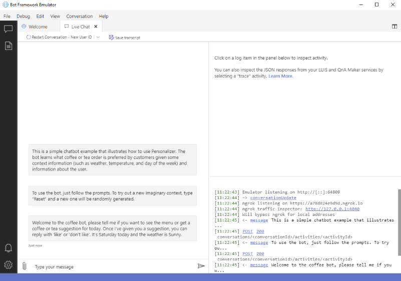 Screenshot del Bot Framework Emulator nel primo turno della conversazione.
